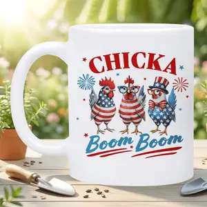 Fourth of July Gift 11Oz Inner Color Ceramic Mug Chicka Boom Boom Patriotic Chicken Design Reusable Coffee Cup for Hot Cold Drinks