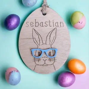 Custom personlized easter basket tag Bunny with colored glasses Organiser