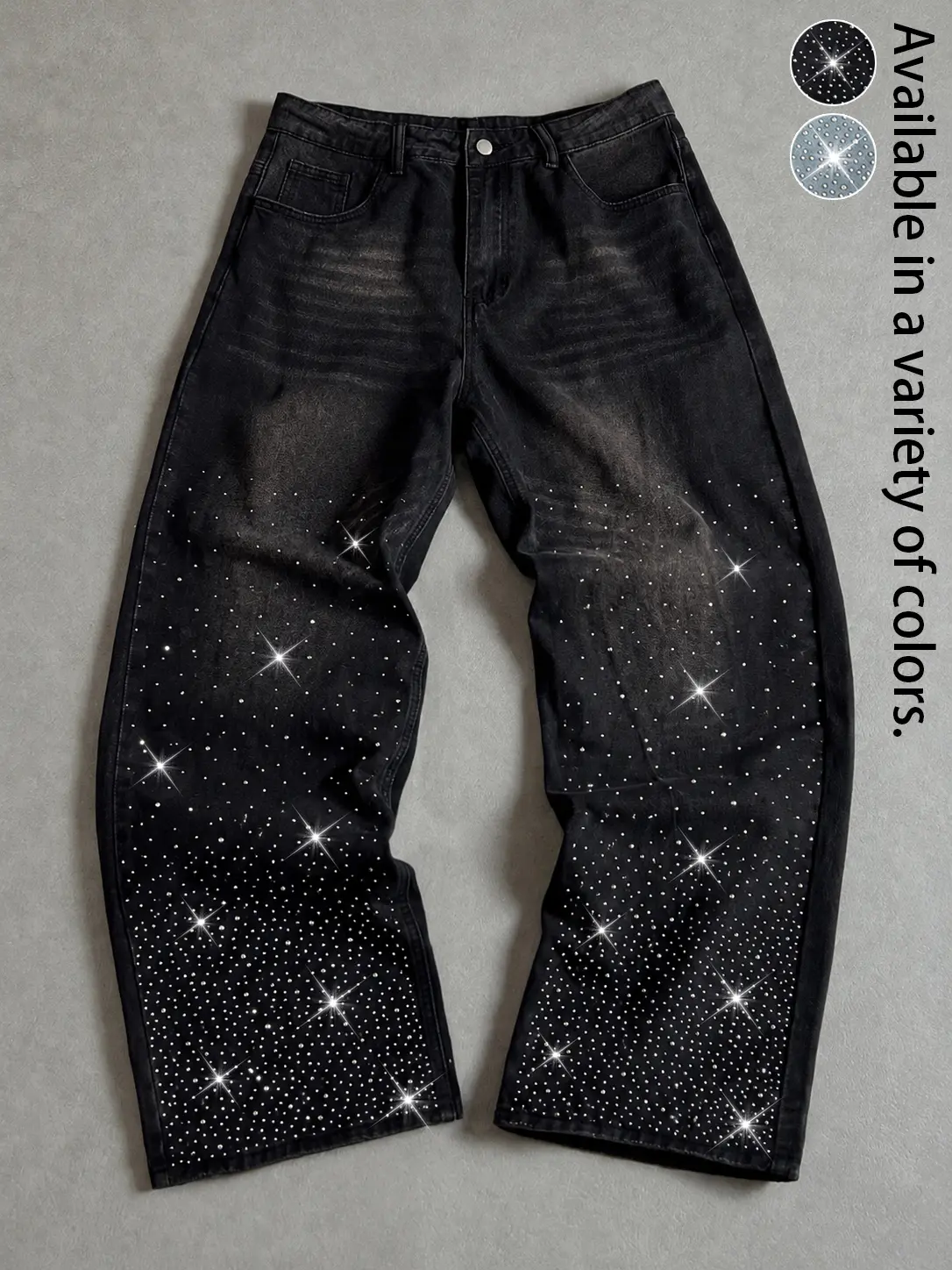 Rhinestone Distressed Vintage Streetwear Jeans Baggy Denim Pants with Sparkle Stud Detail Y2K Casual Wide Leg Jean Trousers Retro Washed Loose Fit Denim Bottoms Unisex Daily Outfit Party Club Festival Going Out All Season Trendy Hip Hop Style Everyday Fit