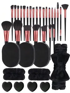 35PCS Makeup all in one brush set black rose gold with sponges headbands for beginner full face makeup