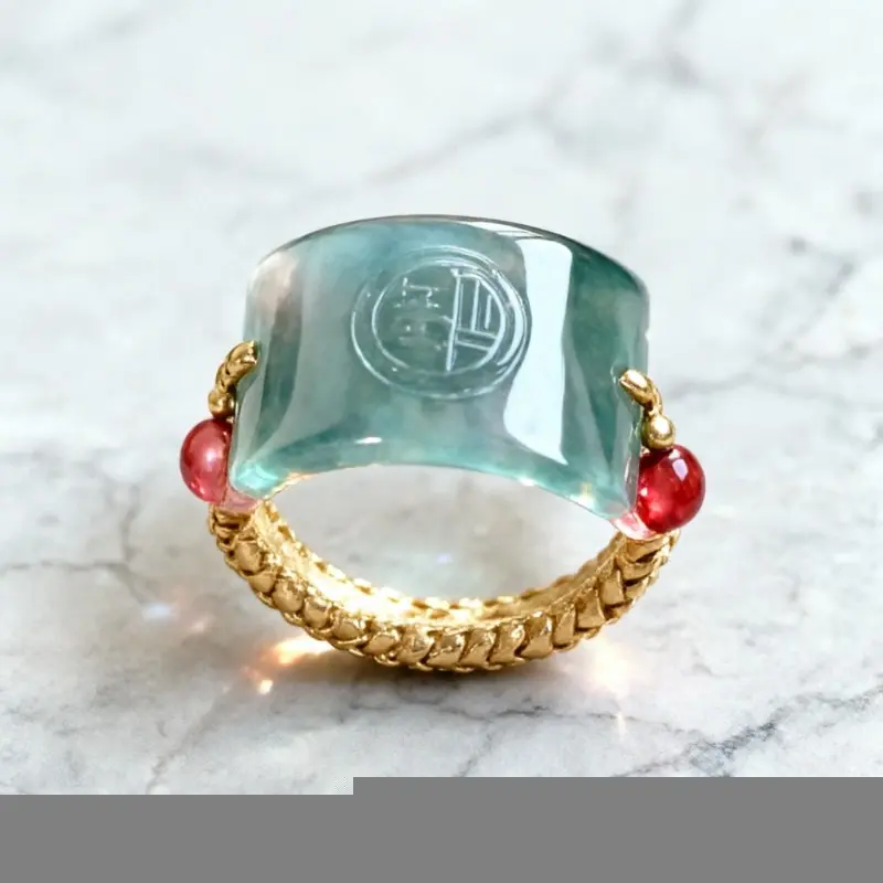 Jade-Like Chrysanthemum And 'Fu' Character Pendant Ring - This Product Features a Retro 'New Chinese Style' Design, Crafted with a Wide Braided Ring Band Adorned with Feng Shui Beads.Stylish And Refined, It Pairs Perfectly with Other Rings