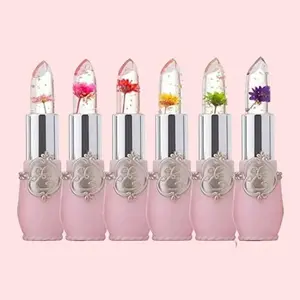 Lipstick with Embedded Dried Flowers in Pink Case for Enhancing Lip Appearance Glossy Balm Finish Cosmetic
