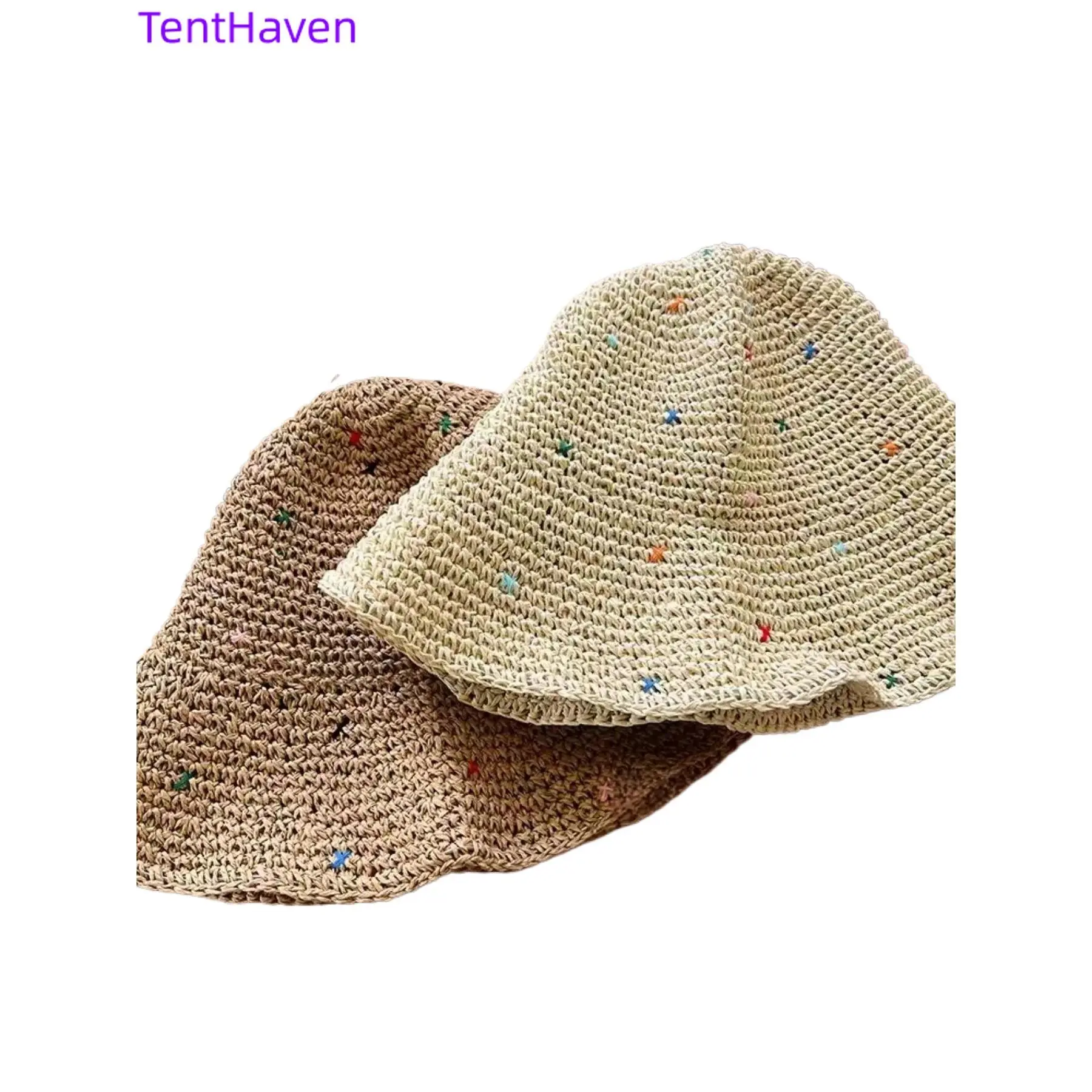 Women's Handmade Woven Straw Wide Brim Bucket Sports & Outdoor Hat - Korean Fashion Bright Hues, Beach Sun Hat, Wide Brim Bucket Sports & Outdoor Hats