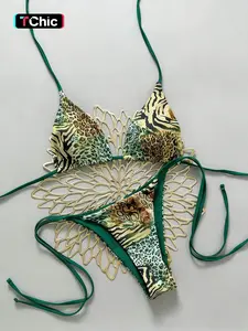 Fashion Leopard Print Bikini Set for Women, Sexy Halter Two-Piece Swimsuit with Tie Straps, Summer Beach Vacation Pool Party Swimwear