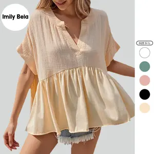Imily Bela Womens Summer Babydoll Tops V Neck Short Sleeve Pleated Flowy Shirts Casual Loose Fit Peplum Blouse SpringStatements