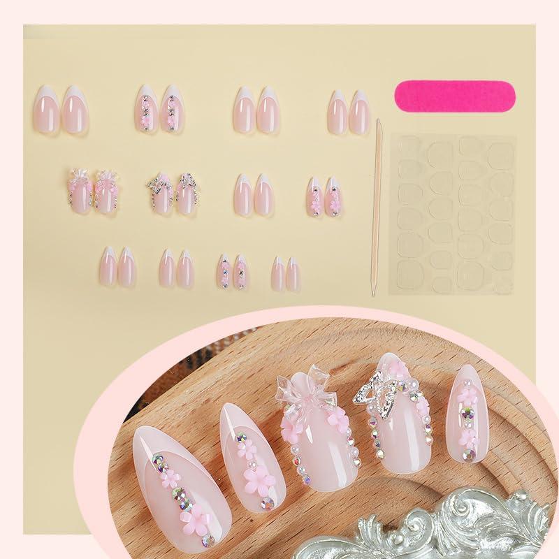 24 Pcs French Tip Press on Nails Medium Almond Fake Nails with 3D Flower Butterfly Pearl Diamond Designs Bow Charms False Nails Stick on Nails Full Cover Glossy Artificial Nails for Women