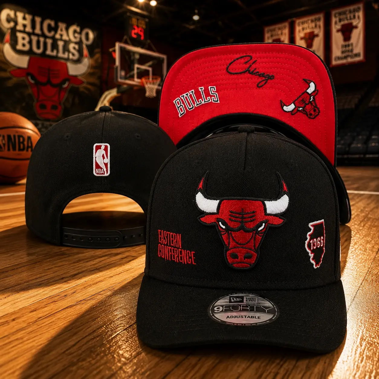 New Era Chicago Bulls Snapback Hat 9FIFTY Adjustable Cap Black Red NBA Team Logo Embroidered Basketball Fan Hat