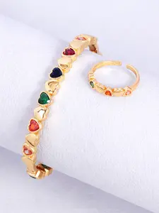 Two Piece Rainbow Heart Zircon Jewelry Set, Casual Cuff Bangle and Open Ring, Micro Inlay Craft, Women's Universal Accessories
