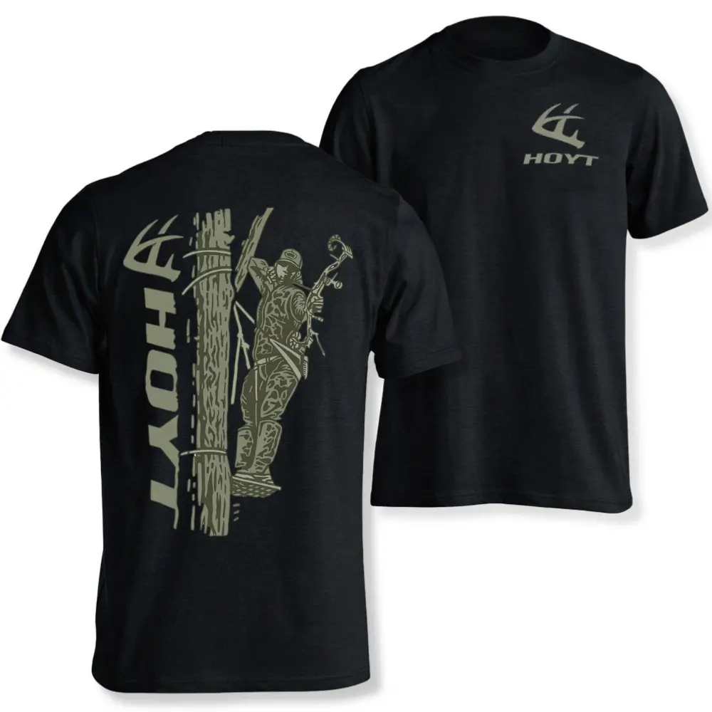 Men's Hoyt Archery Cotton Short-Sleeve T-Shirt - Keep Your Distance Reaper Print Bowhunting Design, Tactical Outdoor Top, Menswear Gift for Bowhunters, Hoyt Logo