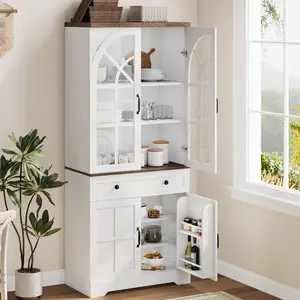 Storage Cabinet, Farmhouse Pantry Cabinet, 71.9" Tall Freestanding Kitchen Cabinet with Tempered Glass Doors& Anti-Tip Design for Kitchen, Dining Room & Living Room(2 Boxes)