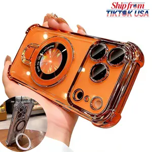 ECANCASE Shockproof Electroplated Clear Hard Acrylic iPhone 17 Pro Max Case with Camera Lens Protector Four Airbag Corners Bracket Kickstand Holder Transparent Durable Protective Magnetic Cover support Wireless Magsafe