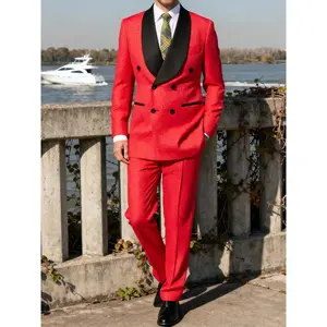 Men’s 2-Piece Double Breasted Suit Set, Embossed Black Collar Blazer & Matching Pants for Red Carpet, Party & Formal Events
