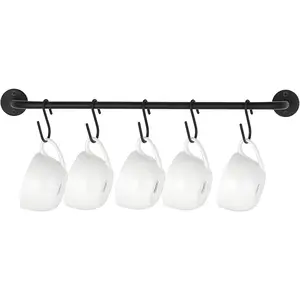 Mug Holder Wall Mounted Coffee Cup Rack Hanger Modern Metal with 5 Mug Hooks Rustic Utensil Tea Cups Storage Organizer for Kitchen Dining Room Coffee Bar,Black