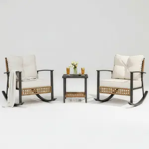 LAUSAINT HOME Modern 3-Piece Oversize Rattan & Metal Rocking Bistro Set, Outdoor Patio Furniture with 2 Seats, Thick Cushions, Load-Bearing 2-Tier Tree Core Top Coffee Table, for Garden, Balcony, Two Seats summerwins