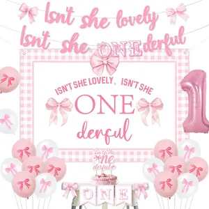 Pink Bow First Birthday Decorations Isn't She Onederful Bow Banner Backdrop Cake Topper Pink Bow One High Chair Banner Balloon Coquette Party Decors for Girls Isn't She Lovely Party Supplies