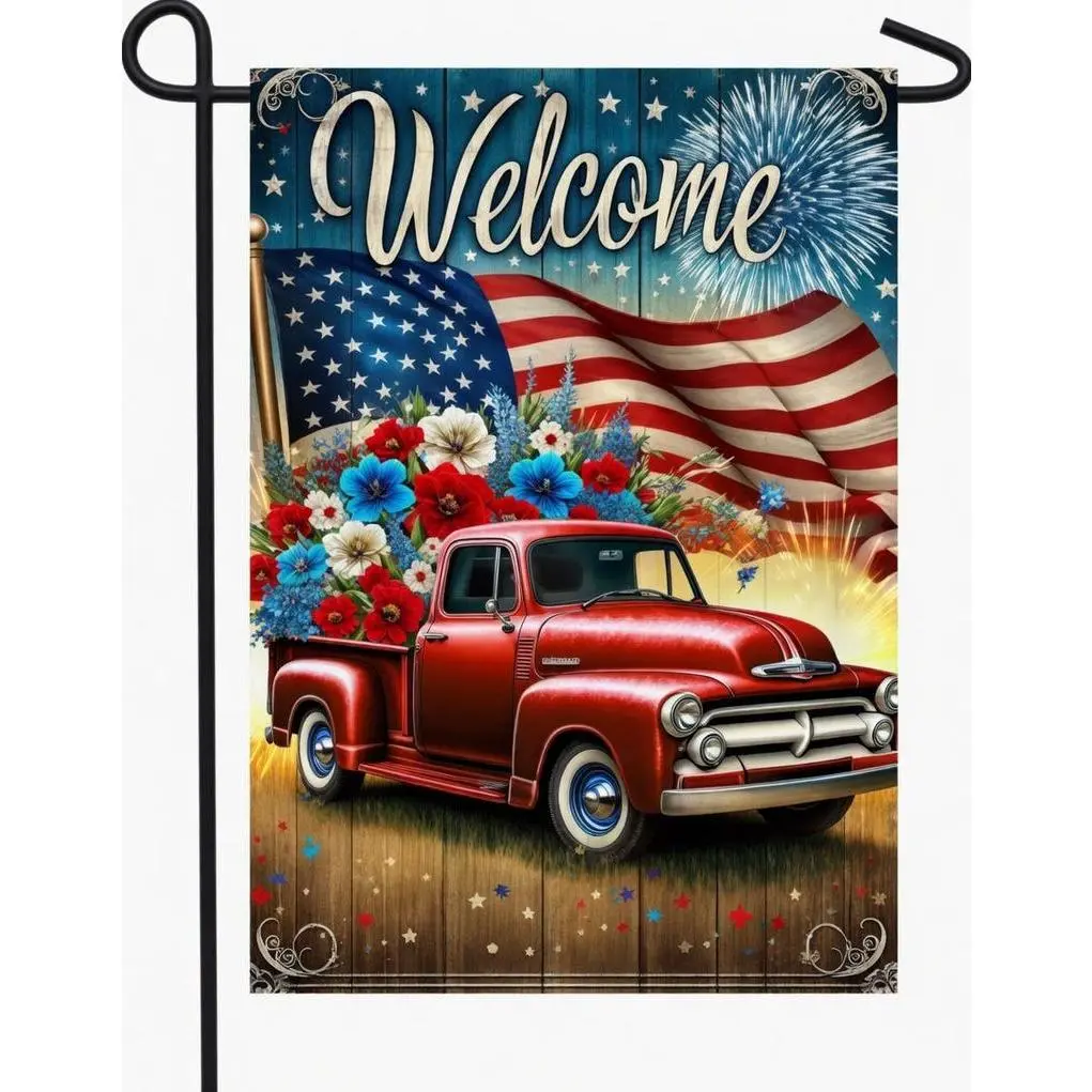 Patriotic Red Truck Single Garden Flag - 100% Polyester Outdoor Decor with American Flag Design, Flower Accents, Welcome Sign for Balcony, Durable Polyester Fabric, Single Flag