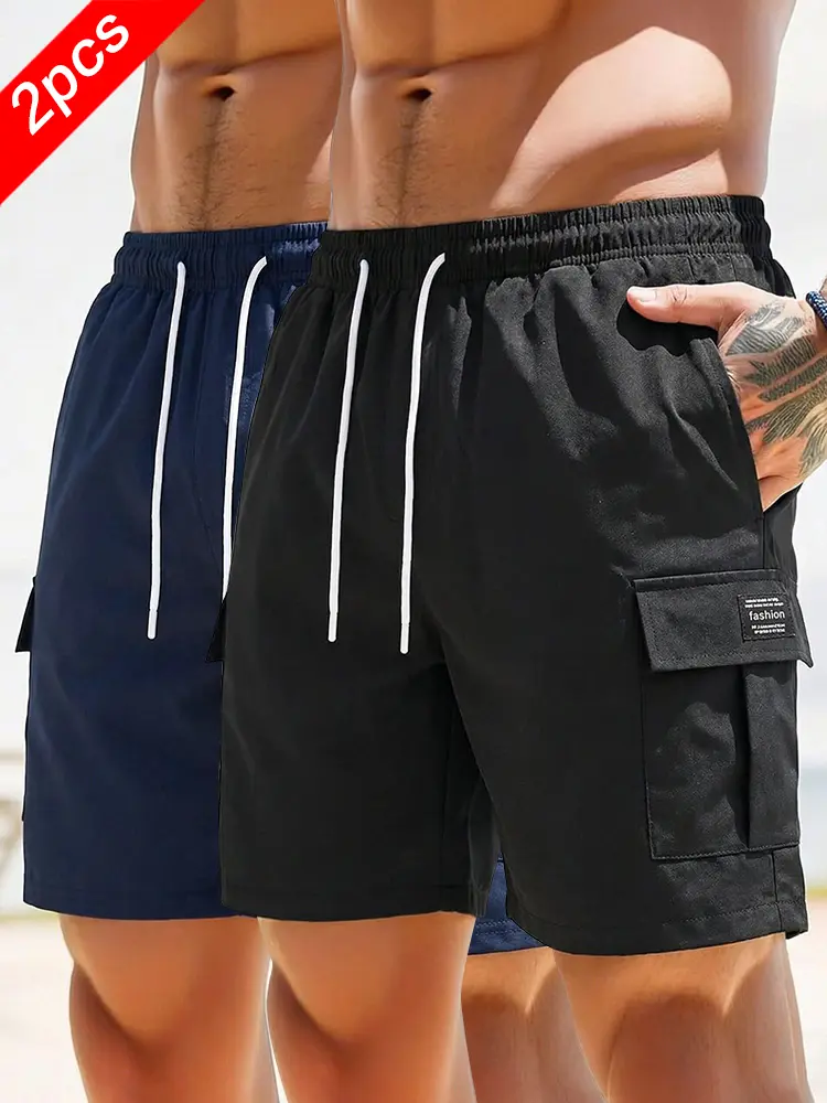 2-Pack Men’s summer loose straight-leg athletic casual shorts with multiple pockets and a drawstring waist, regular fit, suitable for everyday wear.