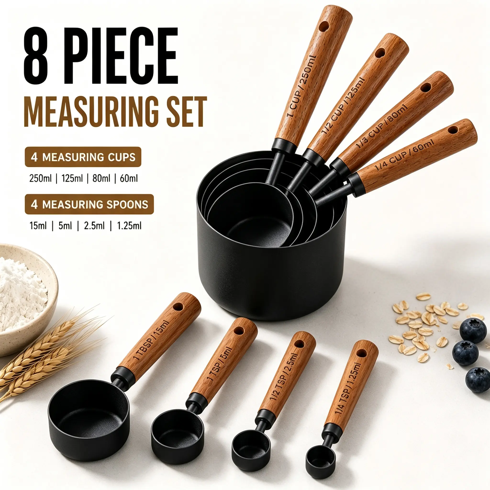 8-Piece Rust-Resistant Stainless Steel Measuring Cup & Spoon Set - Accurate Engraved Marks, Metric Scales, 1/4–1 Cup Sizes, 1 Teaspoon, Natural Wood Inlay Anti-Slip Grips, Essential Home Cooking Utensils