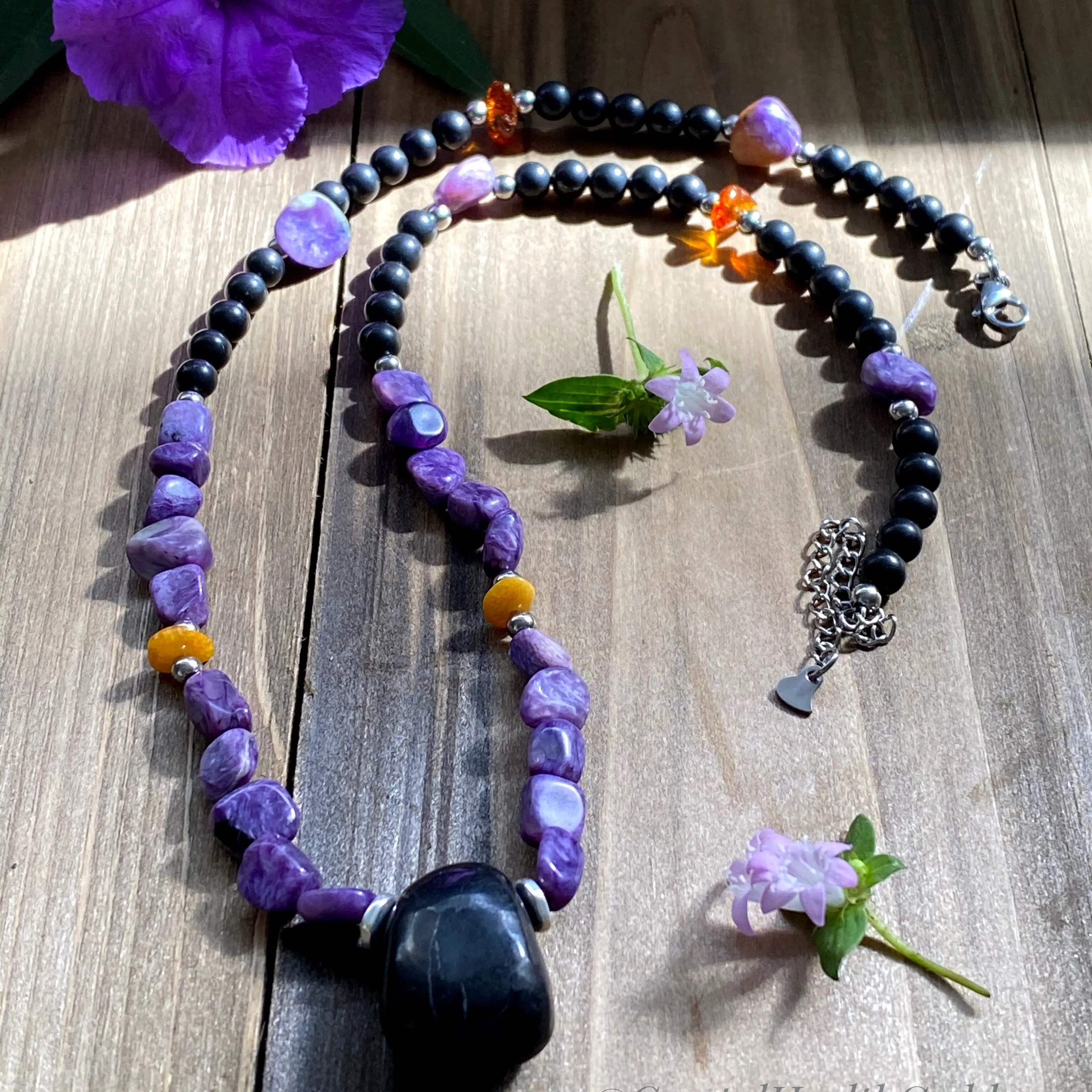 Genuine Shungite + Charoite + Baltic Amber Necklace