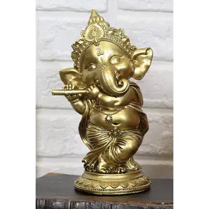 Ebros Hindu Elephant God Ritual Dancing Ganesha Playing Flute Golden Statue 6"H