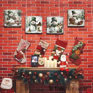 4pcs Country Snowman Wall Art, Christmas Canvas Decor, Watercolor Hat Snowman Picture, Winter Holiday Decoration, Living Room Kitchen Home Decor