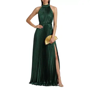 Monique Lhuillier "Jacqueline" Satin Pleated Halter Gown 44112208