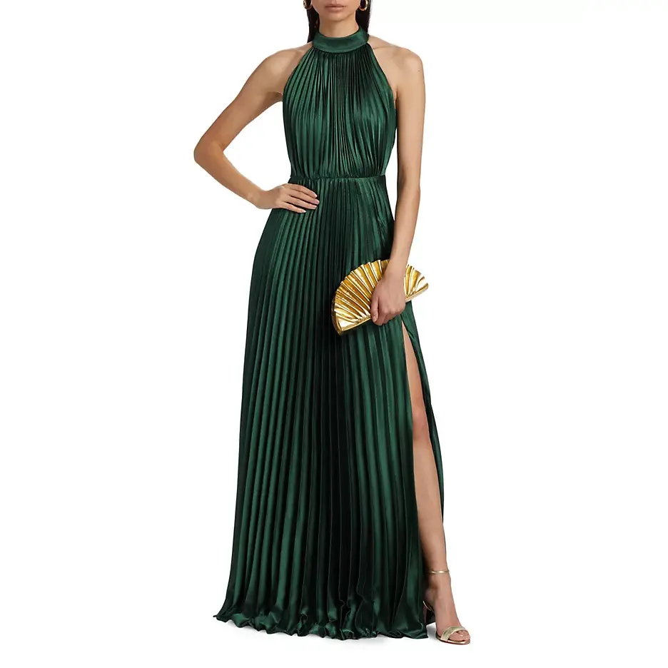 Monique Lhuillier "Jacqueline" Satin Pleated Halter Gown 44112208