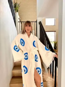 Sustainable Clothing made with organic cotton,Stone Printed fish Robe,Vacation Outfits Natural Gauze Dressing Gown,Natural Cotton Women Robe