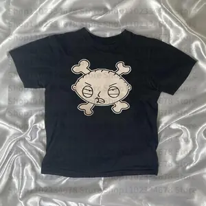 Y2K-Inspired Cute Graphic Crop Top for Women - Black Cotton Tee with Unique Emo Design, Loose Fit, Short Sleeve, Round Neck, Punk Streetwear Style