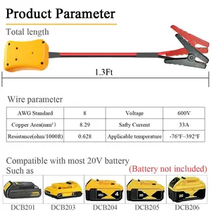 Jumper Cables with Adapter Compatible with Dewalt 20V Battery, 1.3FT 8AWG Portable Battery Dewalt Jumper Starter Automotive Booster Cables Power for Car Jump Starting Using Tool
