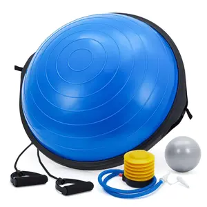 23/25in Blue Balance Ball, 1600 lbs Half Exercise Ball with Nonslip Base, Inflatable Half Ball Balance Trainer, Stability Half Yoga Ball Strength Training Equipment with 2 Bands, Pump, Extra Ball Included