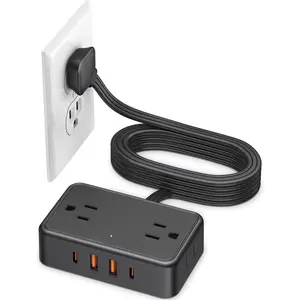 Flat Plug Extension Cord, 6 Ft Ultra Thin Power Strip, 4 AC Wide Spaced outlets and 4 USB (2 USB-C) Ports, No Surge Protector for Cruise Ship, Travel, Dorm Room Essentials (Black)