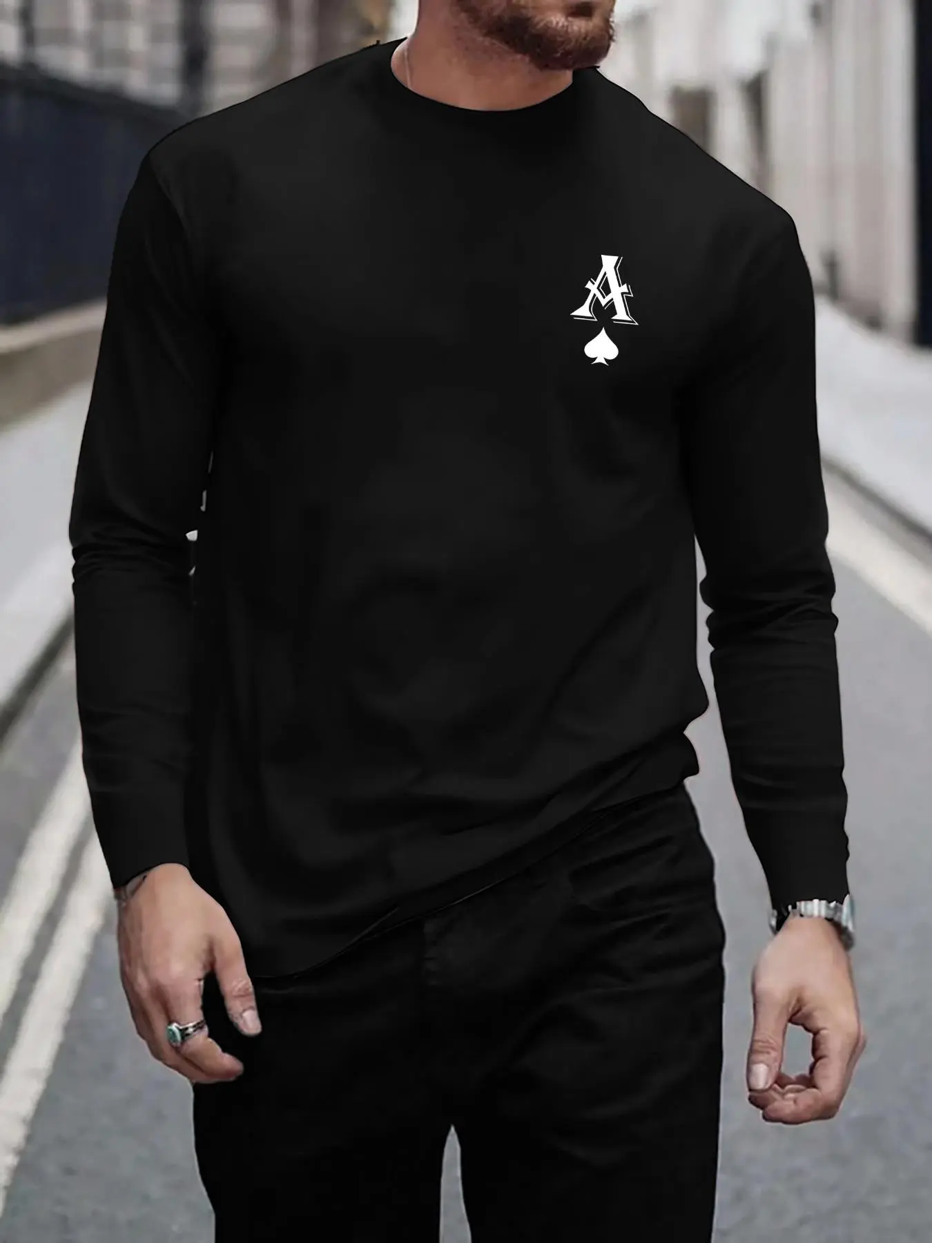 Men's Ace Of Spades Print Round Neck Tee, Slim Fit Casual Long Sleeve Crew Neck T-Shirt for Fall & Winter, Fashion Men's Top for Daily Wear