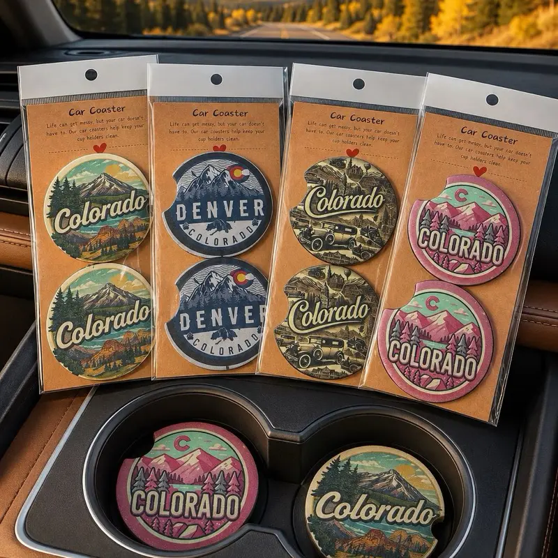 Colorado Sublimated Car Coasters - Mountain Design,Ideal for Car Decor