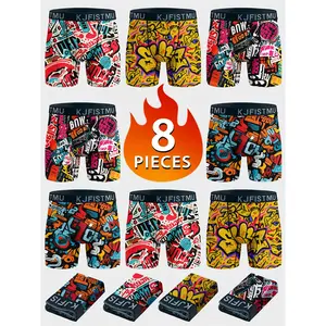 KJFISTMU 8pcs Men's Hip-Hop Streetwear Boxer Briefs & Gym Shorts Quick-Dry Breathable Elastic Fabric with Graffiti Print Neon Colors Urban Style Soft Light Beige-Friendly Athletic Underwear for Sports Cycling Casual Wear Ideal for Home Activities