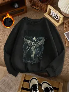Nirvana band themed graphic pattern print, casual retro solid color fitted long-sleeved pullover, round neck casual sports women's pullover sweatshirt, autumn and winter plus velvet women's clothing, Soft