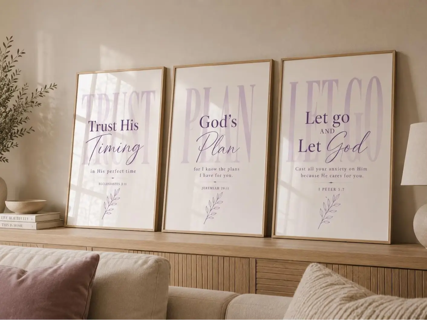Christian Poster Unframed Set of 3, Bible Verse Prints, Trust His Timing, God’s Plan, Let Go Let God, Christian Printable Decor