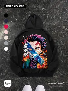 Demon Slayer Tanjiro Kamado Graphic Fitted Hoodie, Casual Fall Winter Streetwear, Comfortable Home Wear, Trendy Anime Apparel