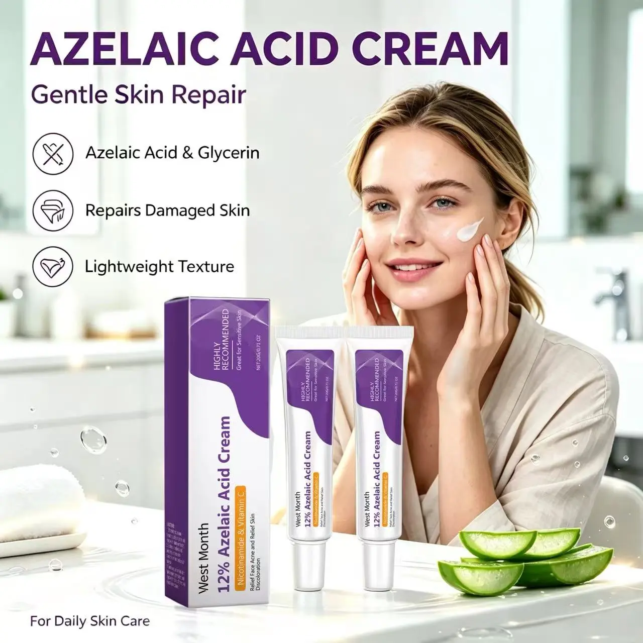 12% Azelaic Acid Facial Repair Cream with Niacinamide - 20g Skincare Moisturizer for Sensitive Skin, Acne Soothing & Redness Reduction