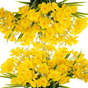 5 Packs Faux Daffodil Flowers, 50 Artificial Narcissus Blooms with Greenery, UV Protected for Outdoor Use, Ideal for Weddings, Easter, Spring Decor, Plastic Faux Flowers
