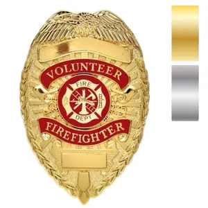 ROTHCO Volunteer Firefighter Badge Gold Plated Zinc Alloy 3 1/8" x 2 1/4" Durable Pin Back Hook & Ladder Logo Easy Mount