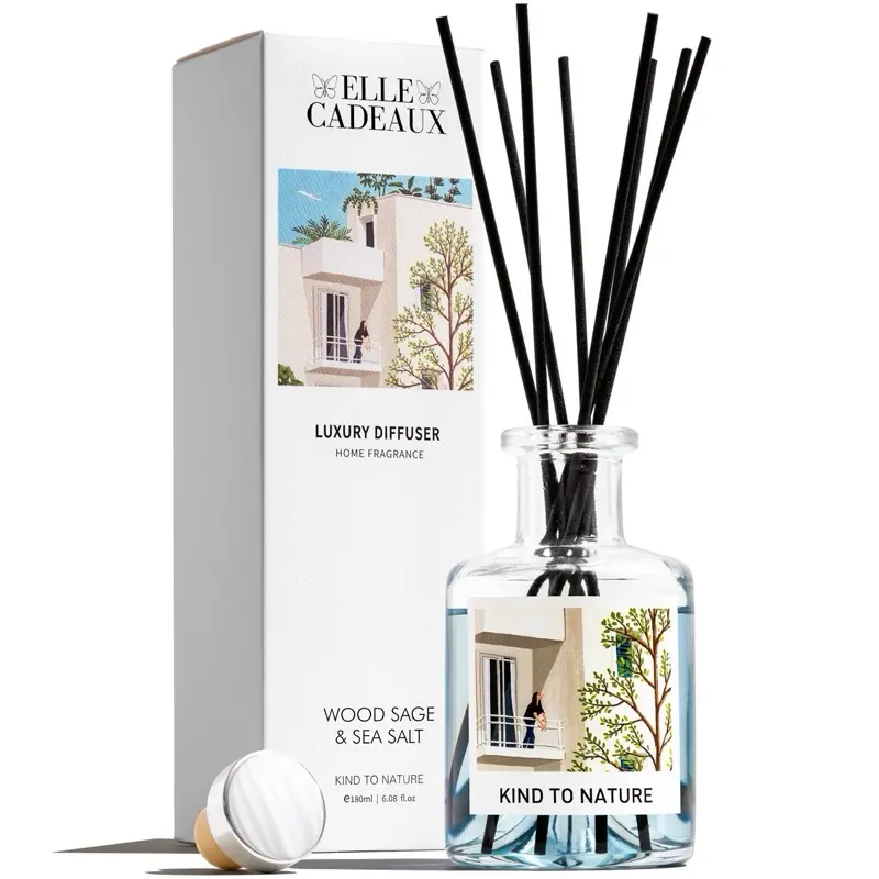 Elle Cadeaux Wood Sage & Sea Salt Premium Oil Reed Diffuser - A Coastal Escape 6oz Luxury Home Fragrance Kind to Nature