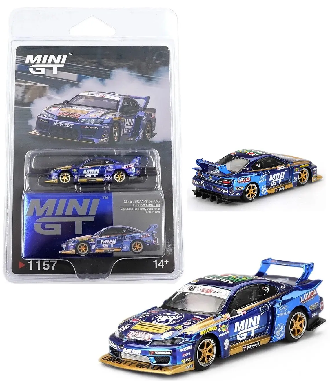 Mini GT 1:64 Nissan LB-Super Silhouette S15 SILVIA Formula Drift Chrome Blue Diecast Model MGT01157-4k