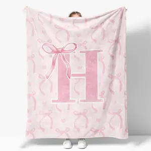 Pink Bow Throw Blanket,Personalized Initial A-Z Soft Fluffy Cozy Flannel Blanket,Monogrammed Gifts for Daughter Women Teen Girls,Customized Blanket for Bedding Bedroom Office,50x60 Inches Girl Gift Cute Pink