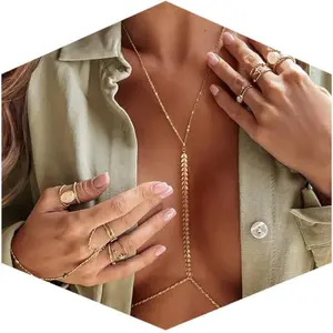 New model 14K Gold Plated Body Chains for Women, Sexy Layered Belly Waist Chain Crossover Bikini Bra Chain, Summer Beach Rhinestone Body Jewelry