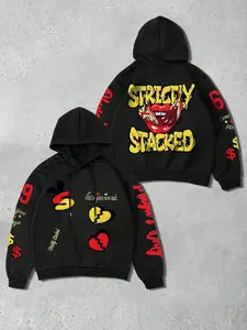 Men's Trendsetter 'strictly Stacked' Hoodie with Body, Flame Lips & Broken Heart Print, Eye-Catching Details, Loose Oversized Style for Casual Wear