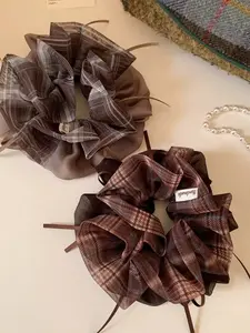 1 pc Vintage Plaid Design Bow Scrunchie, Tulle Layered Large Puff Hair Tie for Women,Elegant Checkered Print Hair Accessory with Sheer Mesh Overlay, Soft Elastic Ponytail Holder ,Cute Daily Perfect Gift for Teen Girls, Best Friend