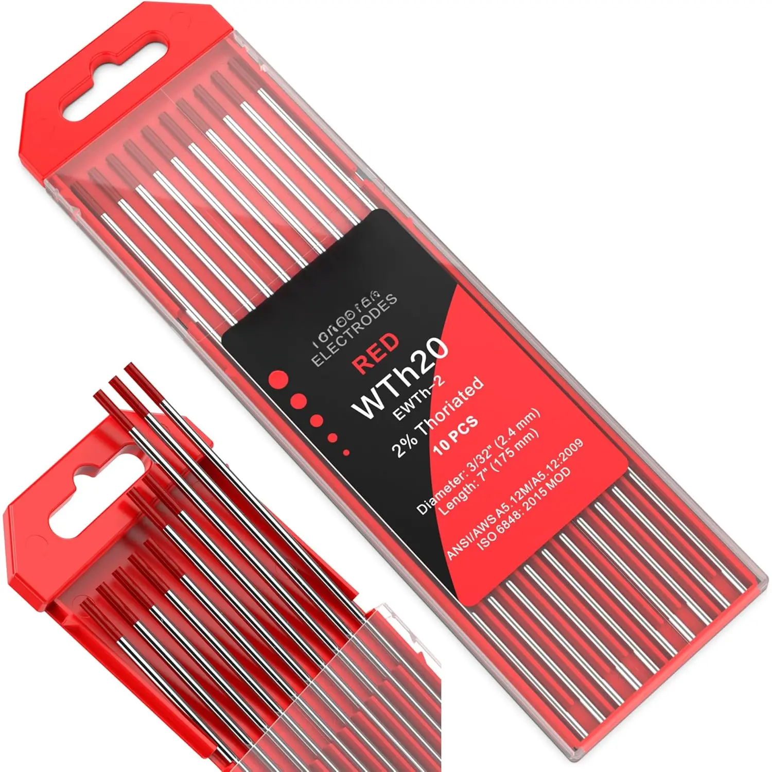 TIG Welding Tungsten Electrode 10 Pack 3/32" x 7" (Red - 2% Thoriated, WT20/EWth-2) for DC TIG Welding