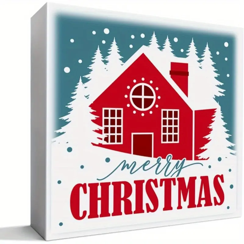 Merry Christmas Decor Sign, Christmas Cabin Table Decor Kitchen Bedroom Winter Decoration, Christmas Holiday Xmas Home Office Desk Decor Sign 5x5 inch