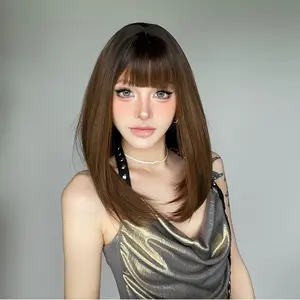 Medium Length Ombre Brown Wig with Bangs | Synthetic Hair | Heat Resistant Daily Sweet Wig (Not Dyeable)